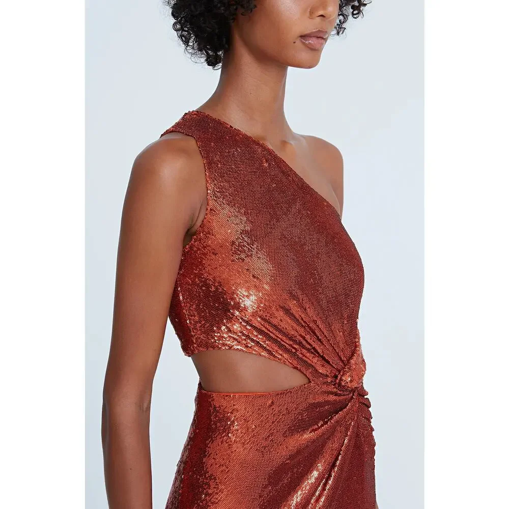 Halston Val Sequins One Shoulder Mini Dress in Orangeade Size 12 NWT‎